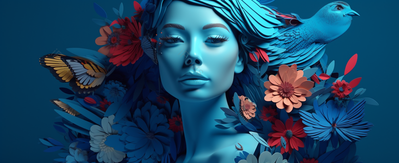 成熟女人的插图在一个抽象的蓝色肖像花和叶子在鸟瞰,插画/手绘图,插画/手绘图库,插画/手绘图下载,插画/手绘